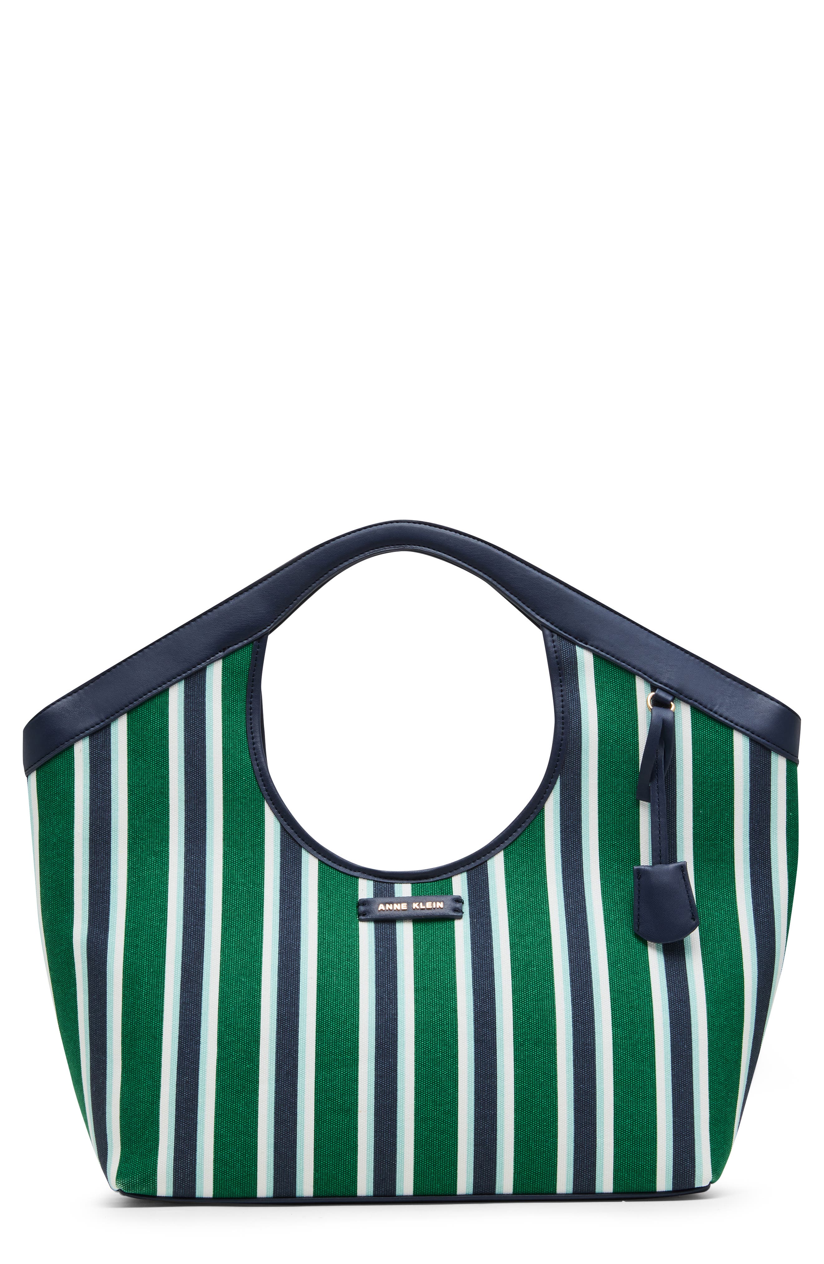 Anne Klein Stripe Large Tote Bag with Pouch, Main, color, Navy
