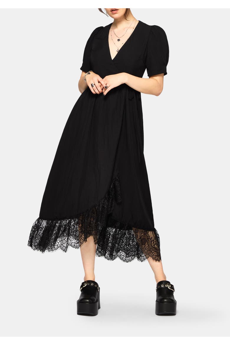 Sorelle Lace Hem Wrap Midaxi Dress, Alternate, color, Black