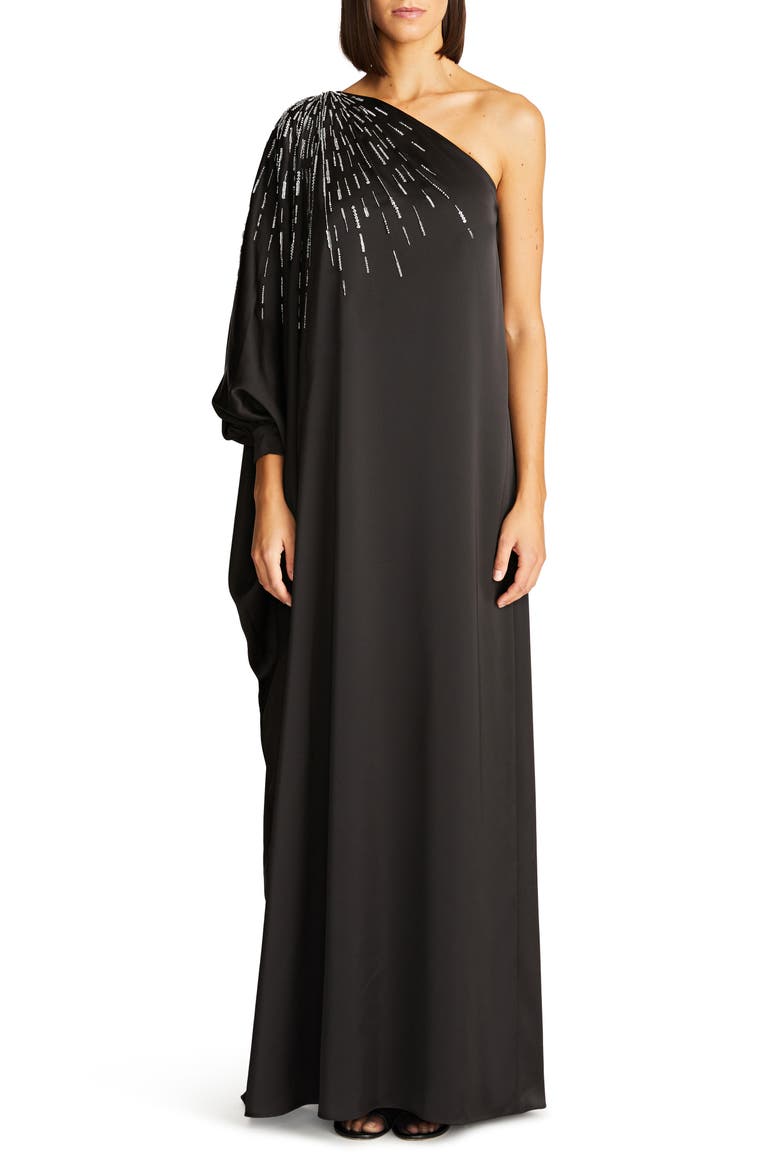 Chaya Beaded One-Shoulder Satin Gown, Main, color, BLACK