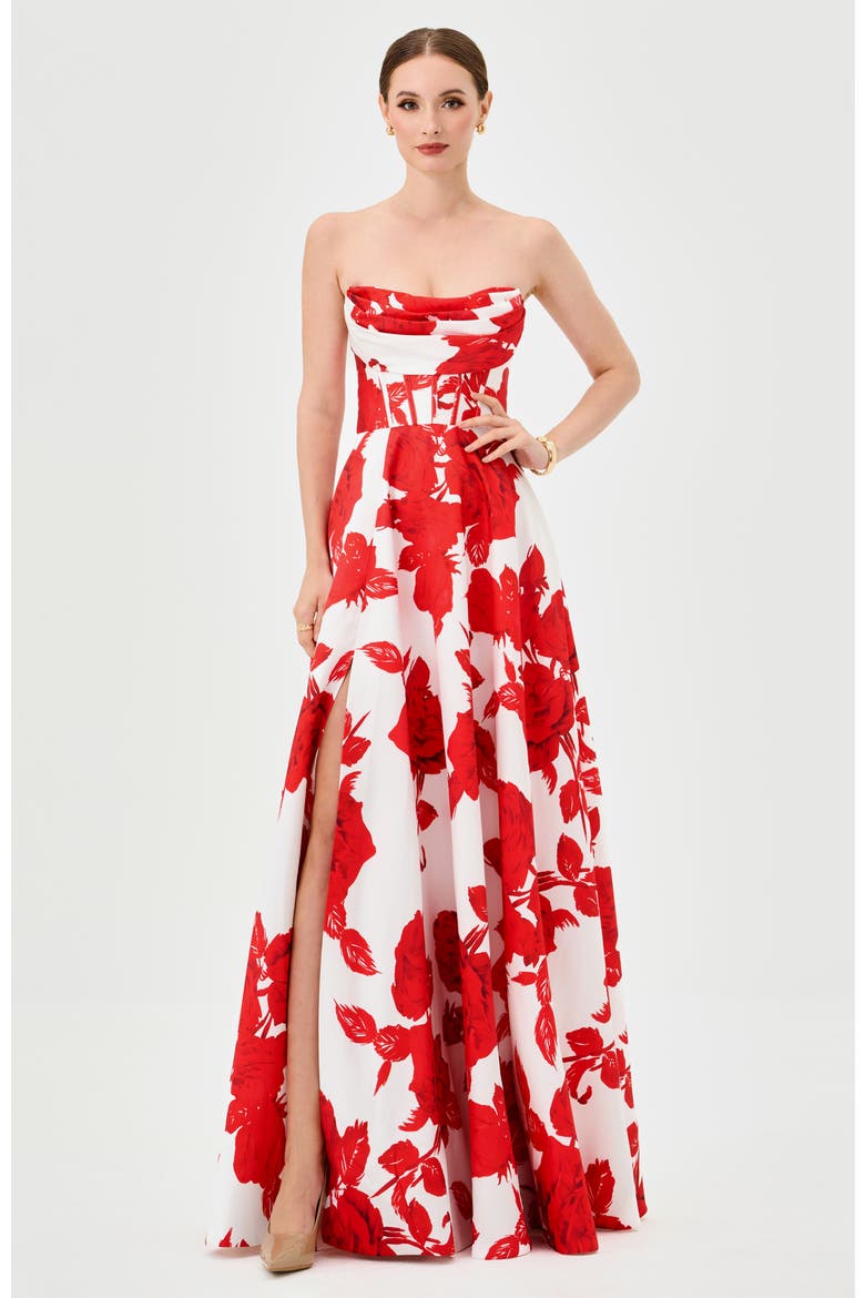 Virginia Corset Strapless Gown, Alternate, color, RED PRINT