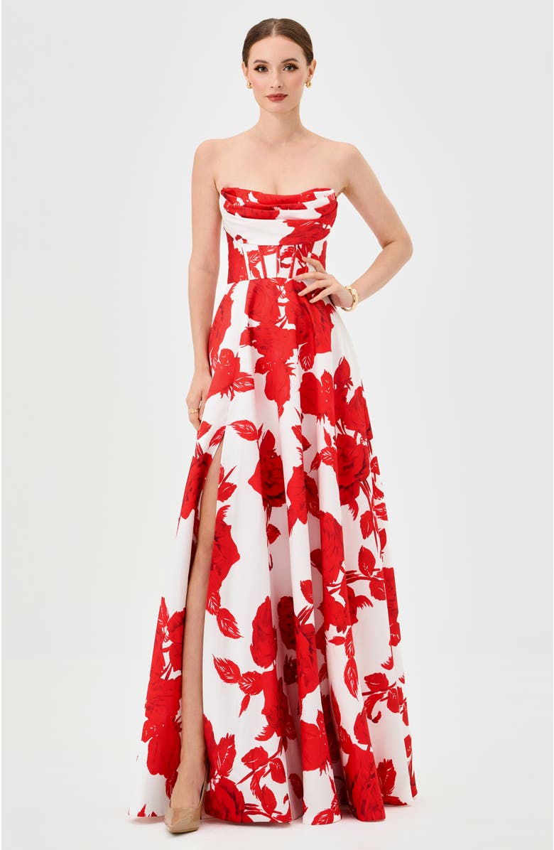 Bariano Virginia Corset Strapless Gown, Alternate, color, Red Print