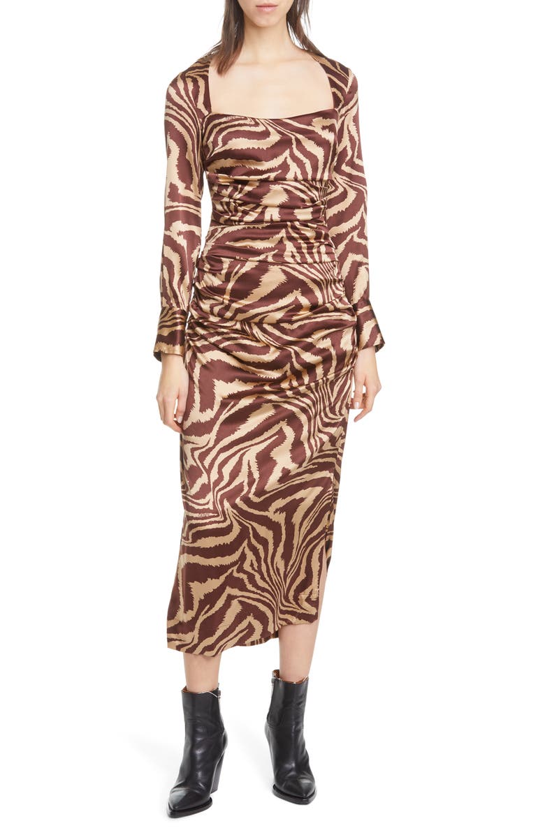 Ganni Tiger Stripe Stretch Silk Long Sleeve Silk Midi Dress, Main, color,