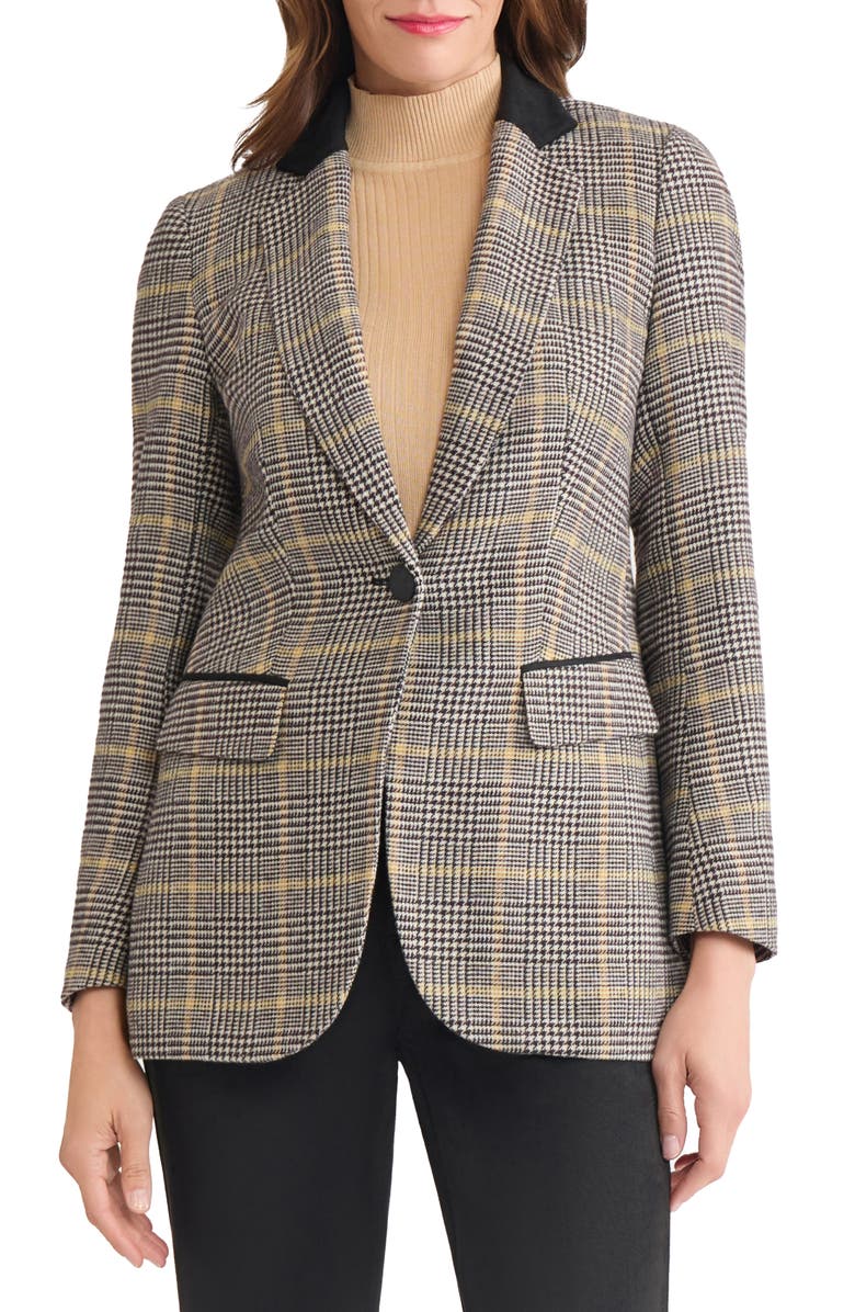 Jones New York Plaid Elbow Patch Blazer, Main, color, Caramel Multi
