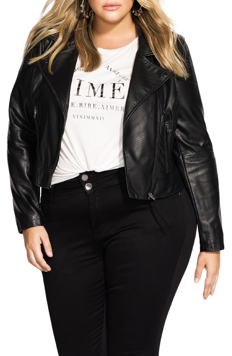 City Chic Whipstitch Faux Leather Biker Jacket, Main, color, 