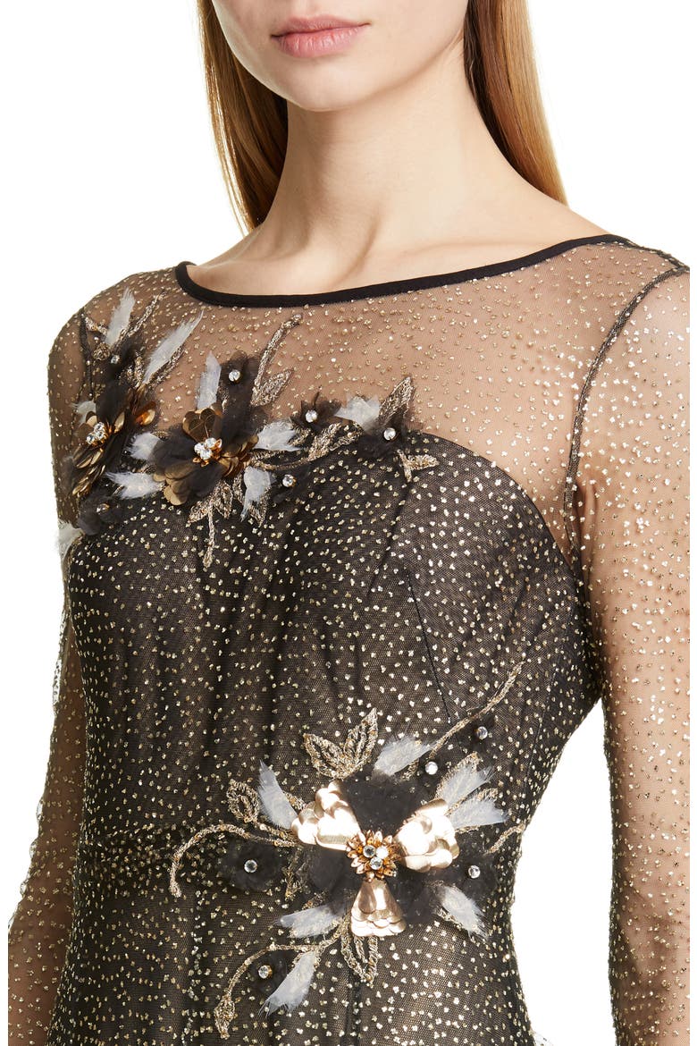Long Sleeve Shimmer Tulle Gown, Alternate, color, BLACK