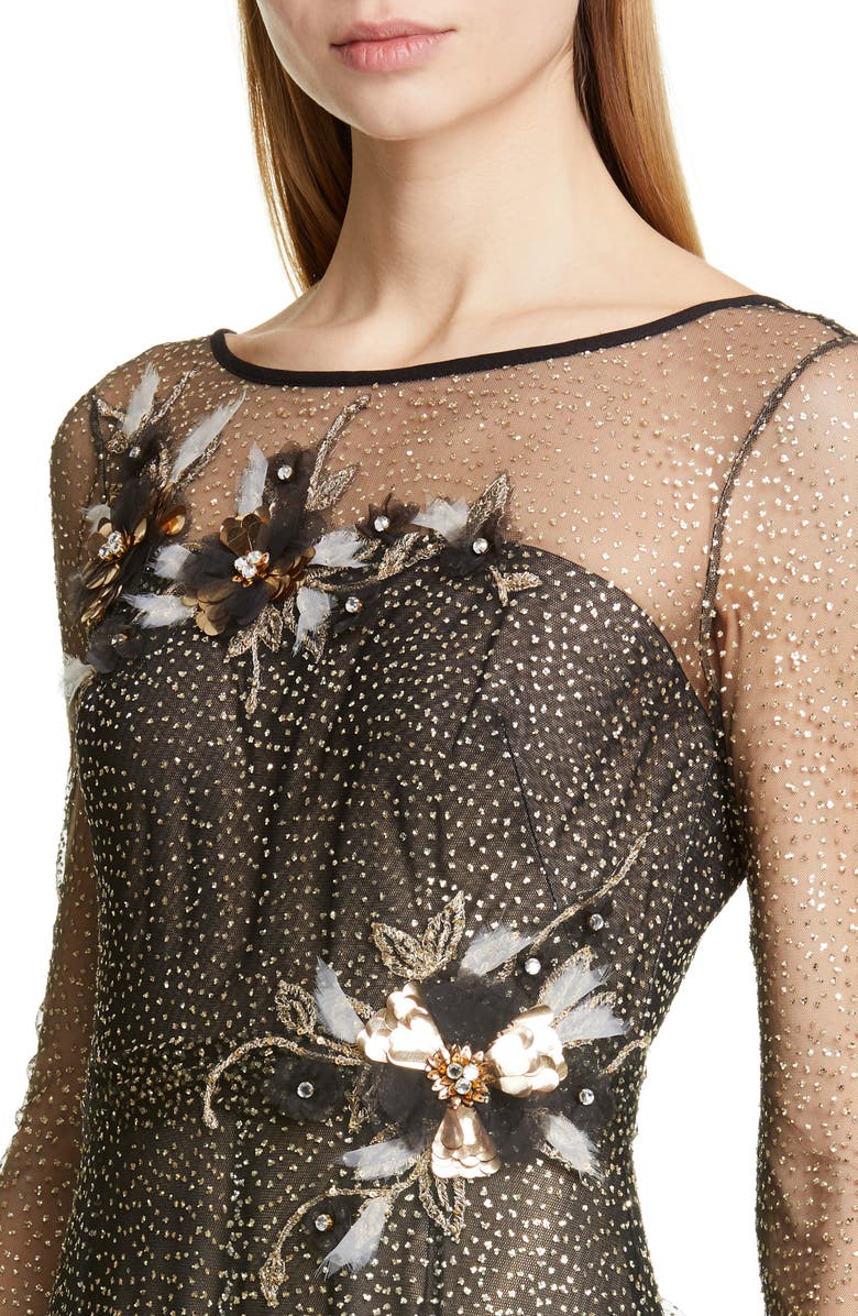 Marchesa Notte Long Sleeve Shimmer Tulle Gown, Alternate, color, 