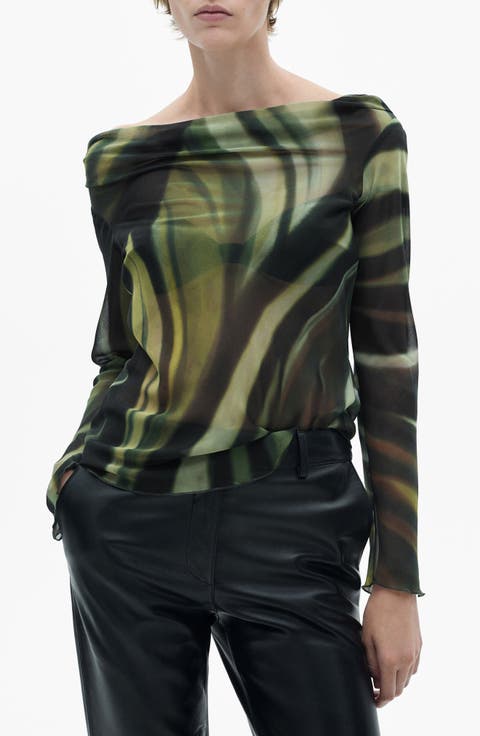 Abstract Print Off the Shoulder Mesh Top