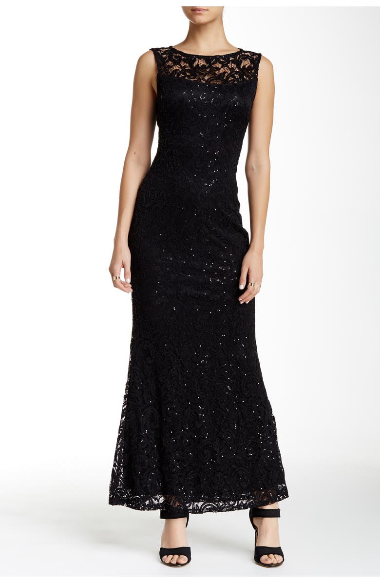 Marina Sleeveless Illusion Yoke Lace Gown, Alternate, color, 