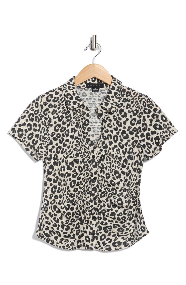 Sanctuary Ruched Short Sleeve Button-Up Top, Alternate, color, Lynx Brown