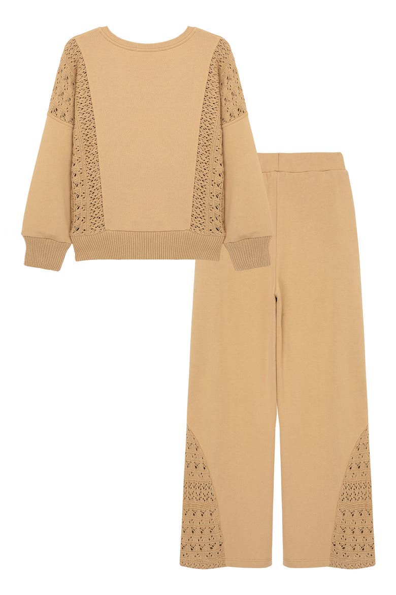 Kids' Crochet Inset French Terry Sweatshirt & Sweatpants Set, Alternate, color, TAN