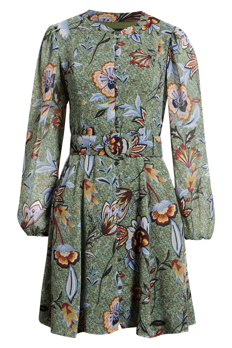 Print Belted Long Sleeve Dress, Alternate, color, COBALT BLUE