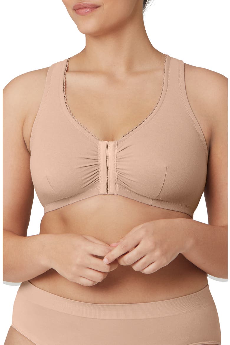 Front Close Cotton Blend T-Back Comfort Bra, Main, color, CAFE