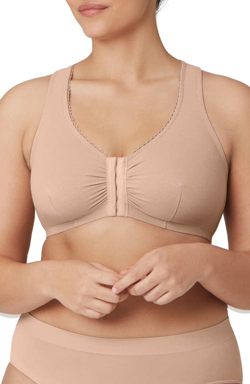 Glamorise Front Close Cotton Blend T-Back Comfort Bra in Cafe at Nordstrom, Size 34