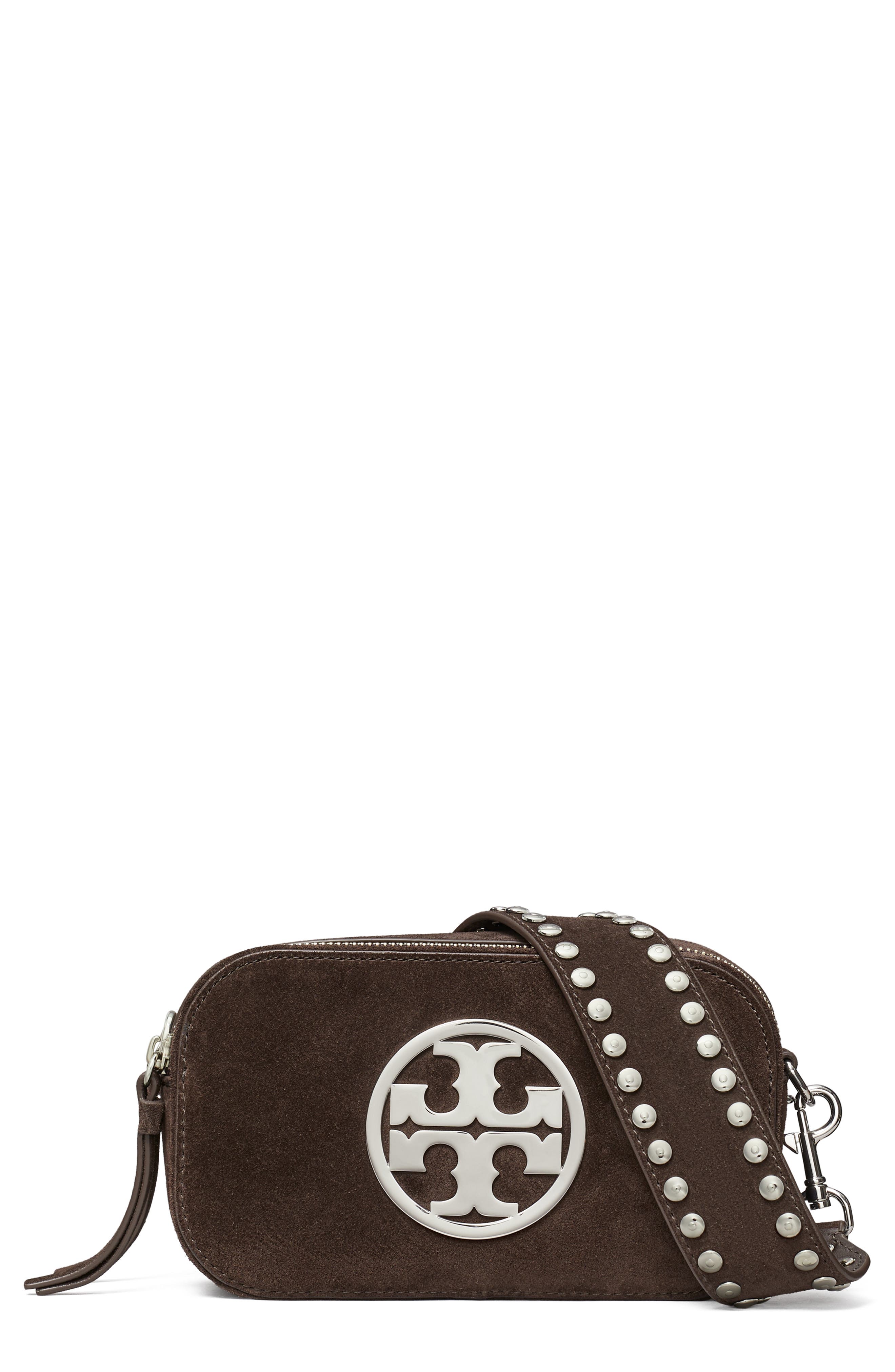 Tory Burch Mini Miller Suede Crossbody Bag, Main, color, Shadow Oak