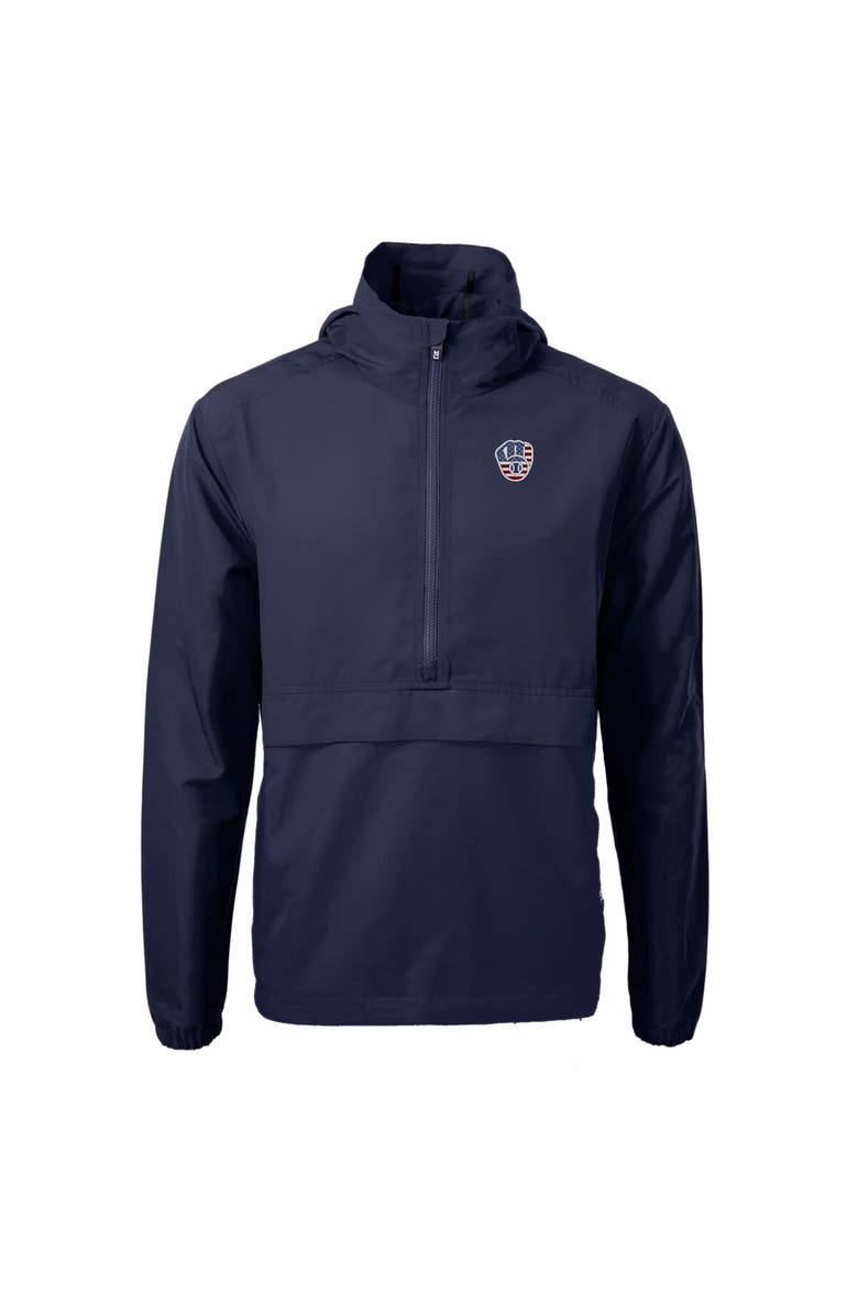 Cutter & Buck Men's Cutter & Buck  Navy Milwaukee Brewers Americana Logo Charter Eco Knit Recycled Anorak Half-Zip Jacket, Alternate, color, 