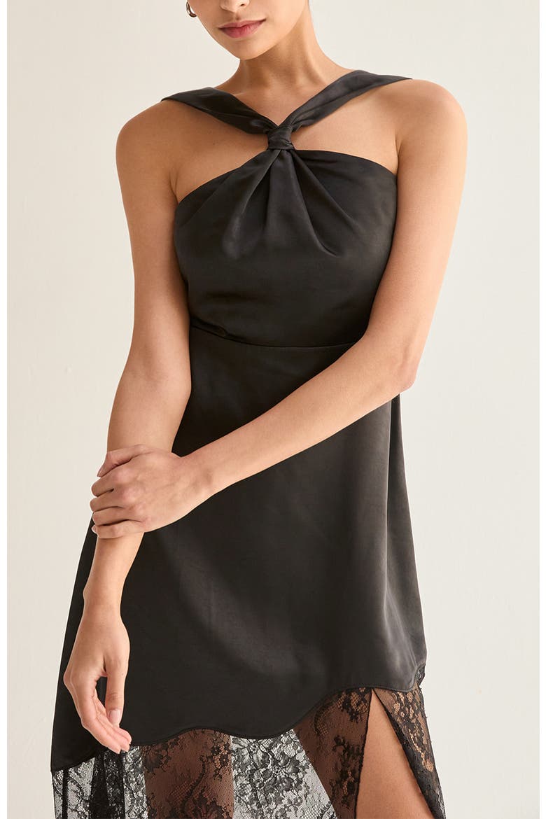 Lace Hem Satin Halter Midi Dress, Alternate, color, Black