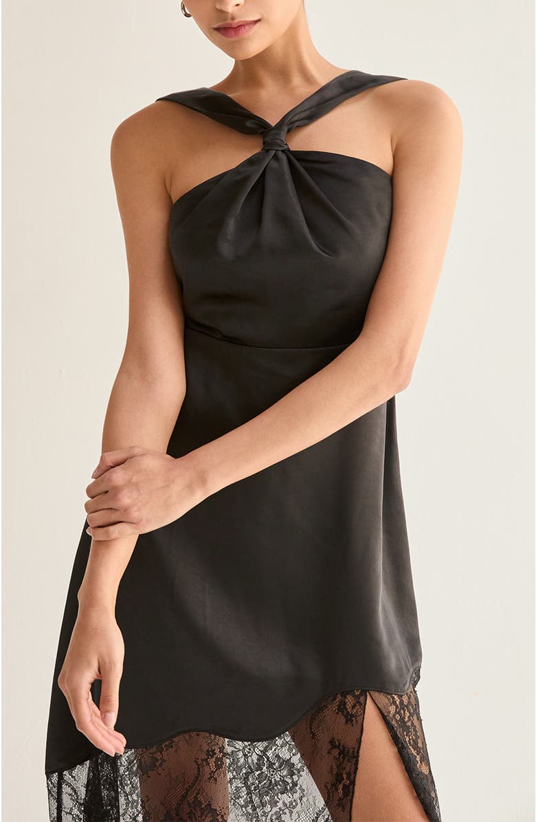CRESCENT Lace Hem Satin Halter Midi Dress, Alternate, color, Black