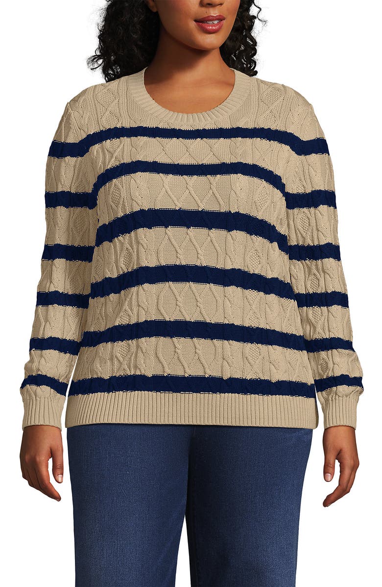 Lands' End Cotton Drifter Crew Cable Pullover Sweater, Main, color, 