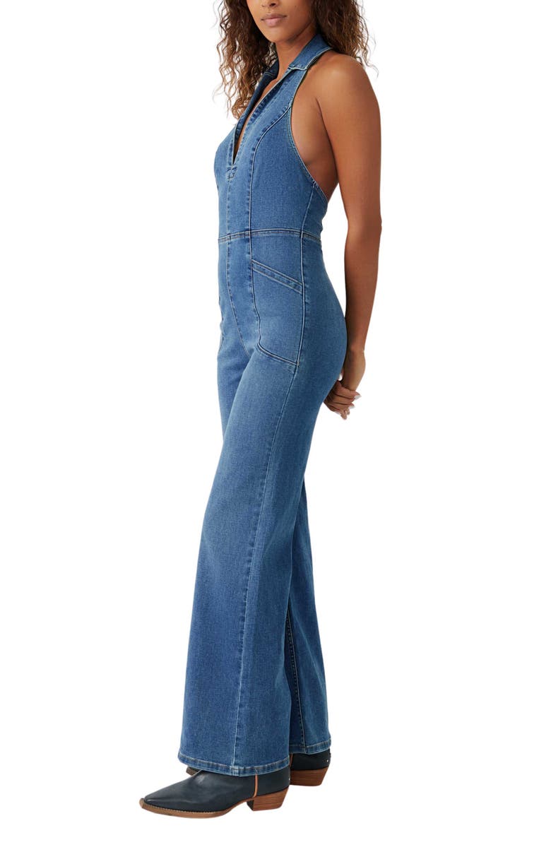Free People Sweet Thing Flared Denim Halter Jumpsuit, Alternate, color, 