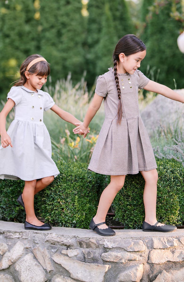 Hope & Henry Kids' Organic Ruffle Collar Pintuck Drop Waist Dress, Alternate, color, Camel Houndstooth