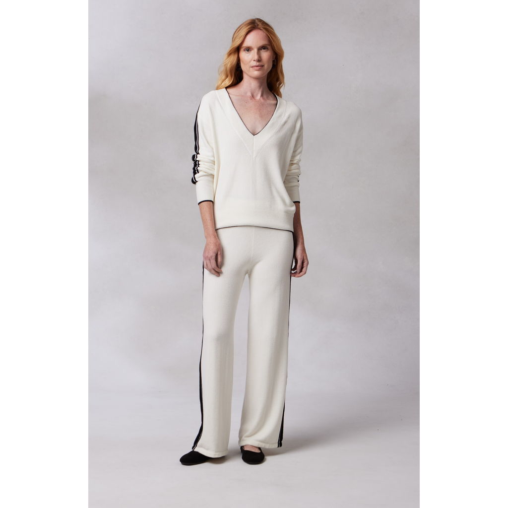 Shop Kashwere Apparel V Neck Track Sweater In Creme/black Stripe