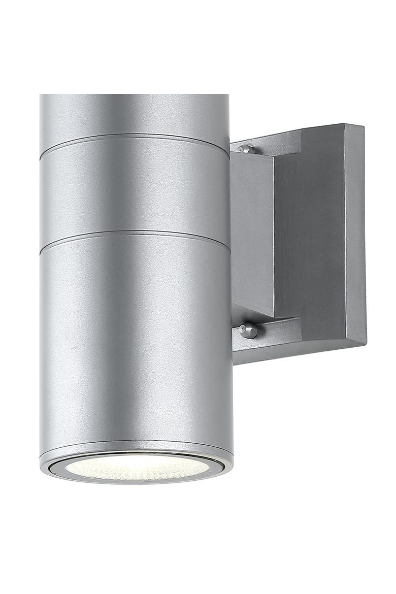 Duo 2-Light Modern Midcentury Cylinder Outdoor Metal/Glass Integrated LED Sconce with Uplight, Alternate, color, Silver