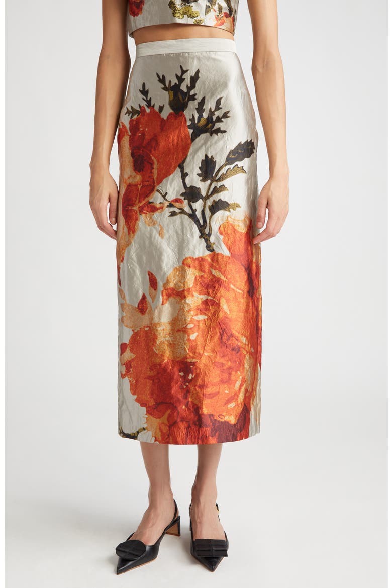Floral Metallic Textured Satin Midi Skirt, Main, color, PEARL
