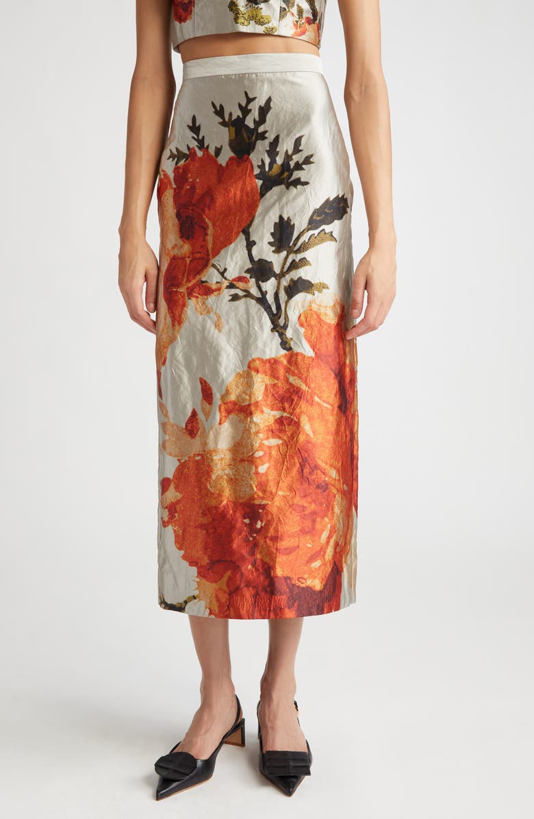 Erdem Floral Metallic Textured Satin Midi Skirt, Main, color,