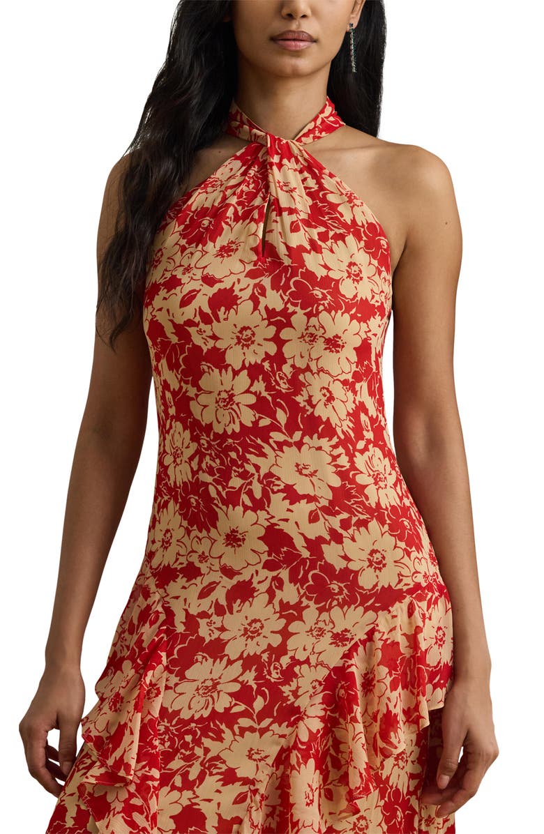 Lauren Ralph Lauren Floral Crinkle Georgette Cocktail Dress, Alternate, color, Red/ Tan