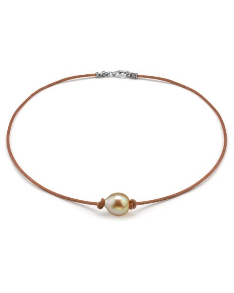 Golden Baroque Pearl Leather Necklace