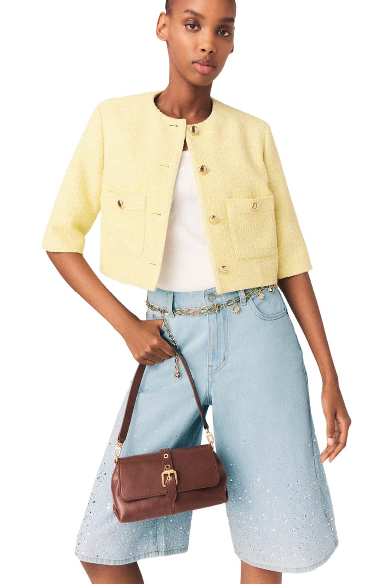 Short-sleeved tweed jacket, Main, color, Pale yellow