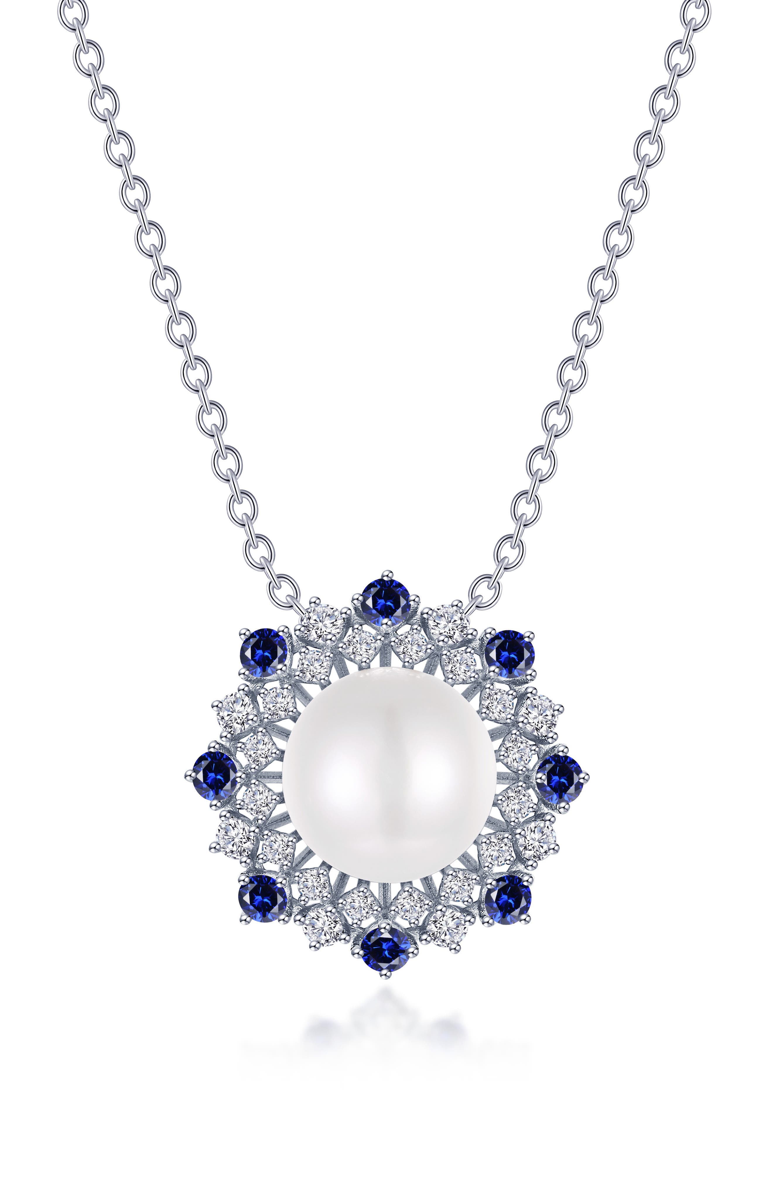 Simulated Sapphire and Imitation Pearl Sunburst Pendant Necklace