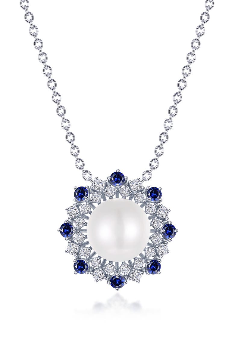 Simulated Sapphire and Imitation Pearl Sunburst Pendant Necklace, Main, color, SAPPHIRE