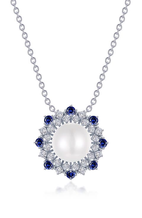Simulated Sapphire and Imitation Pearl Sunburst Pendant Necklace
