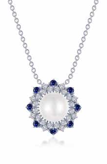 Simulated Sapphire and Imitation Pearl Sunburst Pendant Necklace