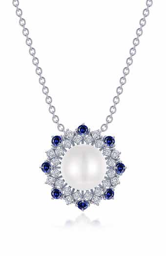 Simulated Sapphire and Imitation Pearl Sunburst Pendant Necklace