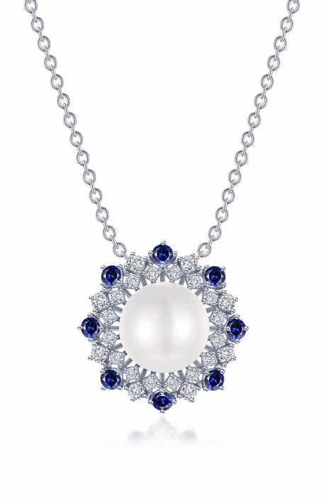 Simulated Sapphire and Imitation Pearl Sunburst Pendant Necklace