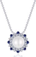 Lafonn Simulated Sapphire and Imitation Pearl Sunburst Pendant Necklace