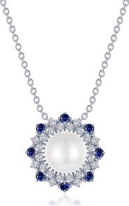 Lafonn Simulated Sapphire and Imitation Pearl Sunburst Pendant Necklace