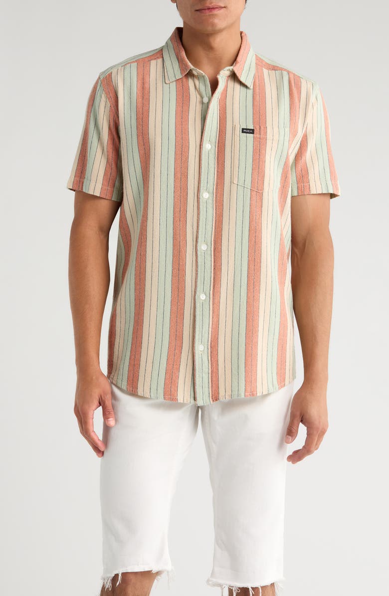 RVCA Alvarado Stripe Short Sleeve Linen Blend Button-Up Shirt, Main, color, Ceramic