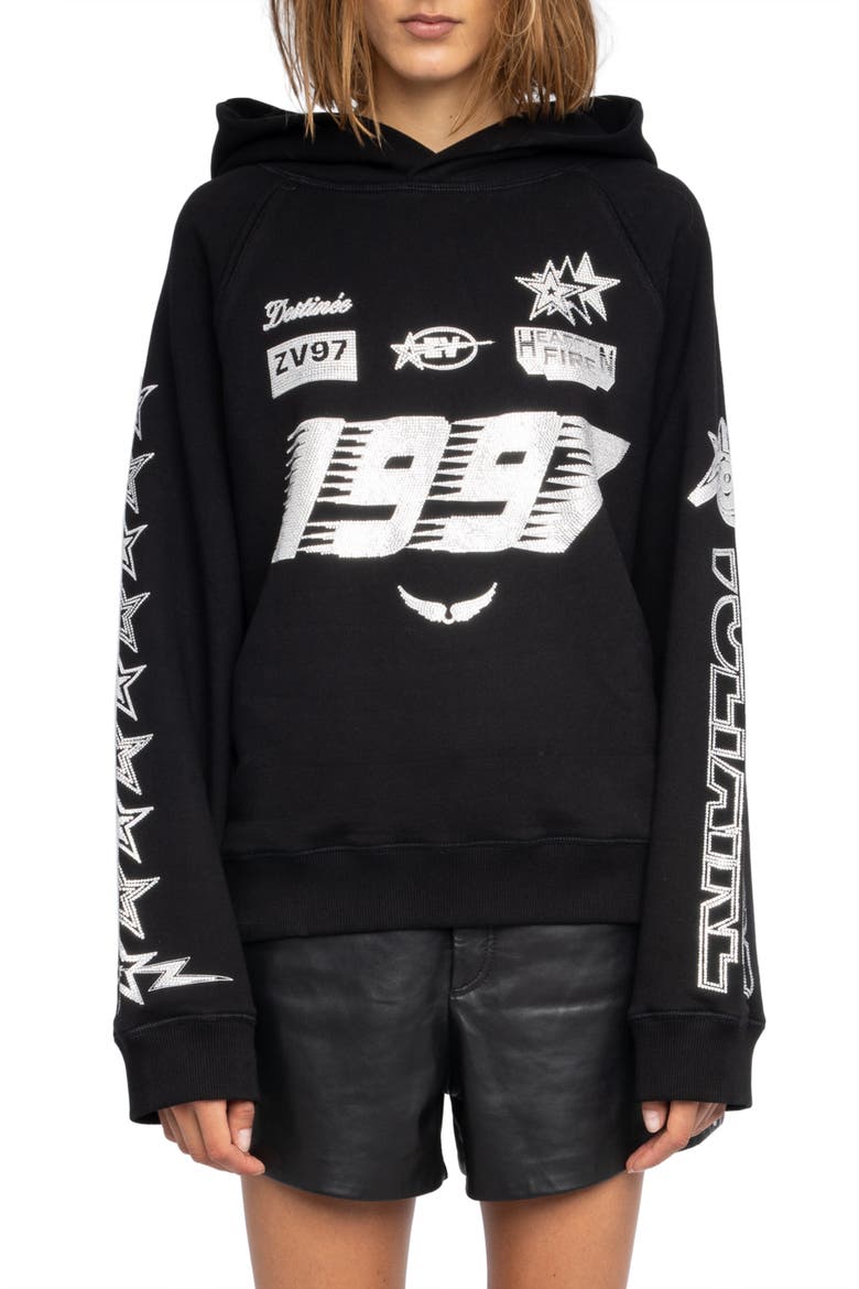 Georgys Crystal Embellished Hoodie, Main, color, BLACK
