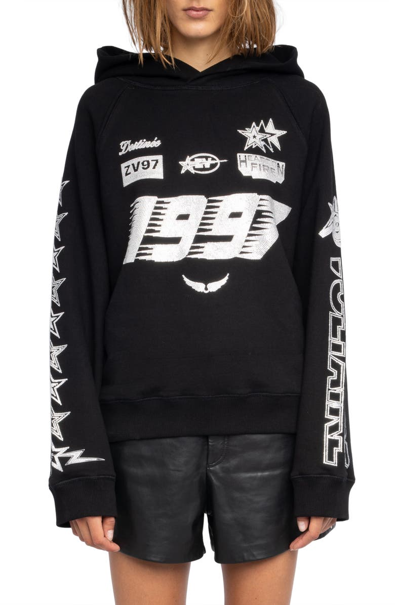 Zadig & Voltaire Georgys Crystal Embellished Hoodie, Main, color, Black