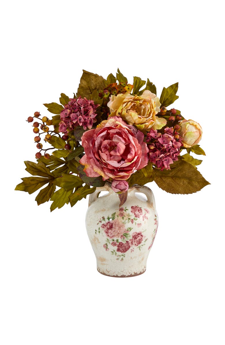 NEARLY NATURAL 16-in Peony Artificial Arrangement in Flower Print Jar, Main, color, Pink