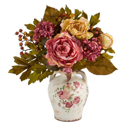 16-in Peony Artificial Arrangement in Flower Print Jar