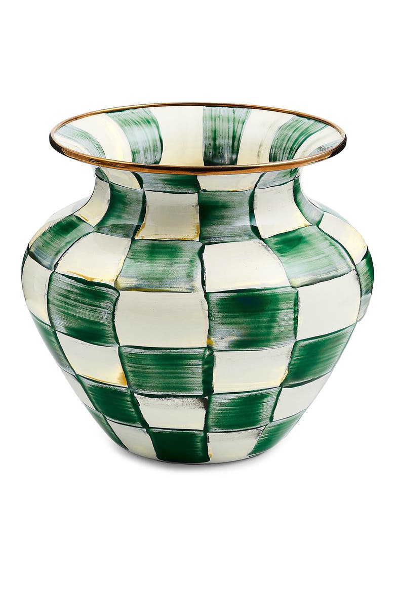 Emerald Check Large Enameled Steel Vase, Main, color, EMERALD