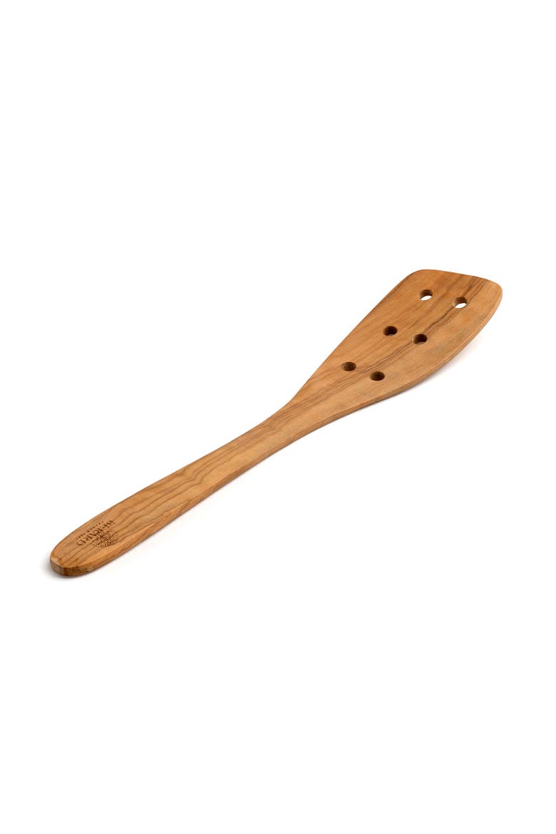 Handcrafted Olive Wood 13 Inch Curved Slotted Spatula, Main, color, Brown