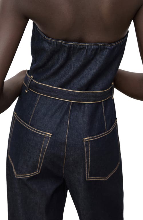Mango Mono Strapless Tie Waist Denim Jumpsuit In Blue