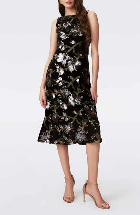 Coral Sequin Floral Midi Dress