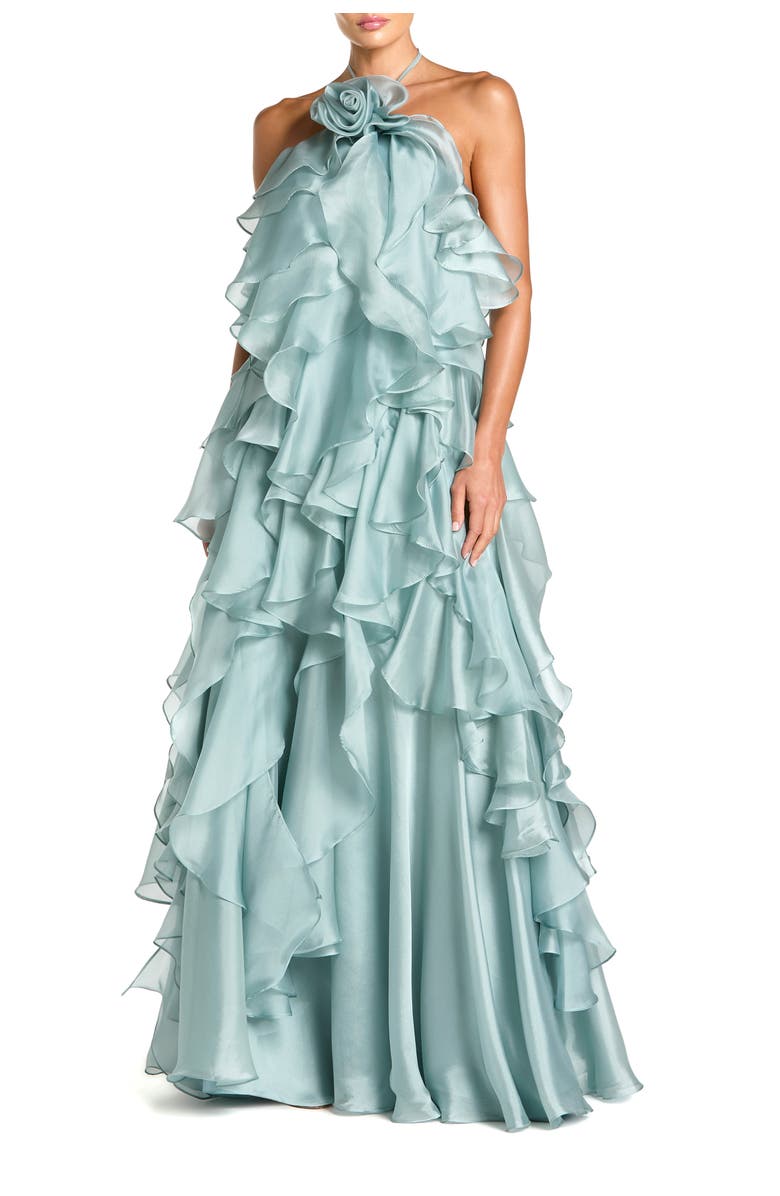 Mac Duggal Organza Halter Neck Open Back Ruffle Gown, Main, color, Mint