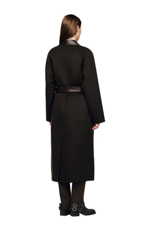 Sandro Long Wool And Leather Coat In Black
